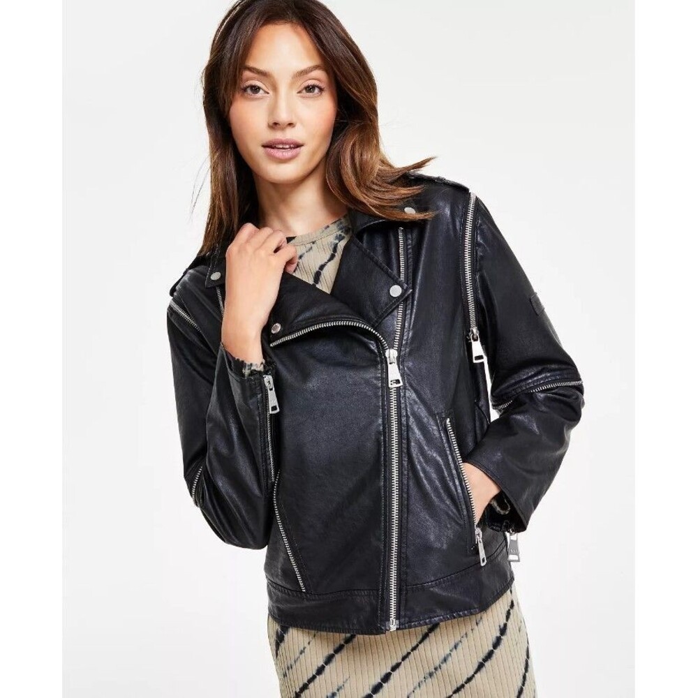 DKNY Jeans Women's Faux-Leather Jacket short Zip-Details Black Size XL